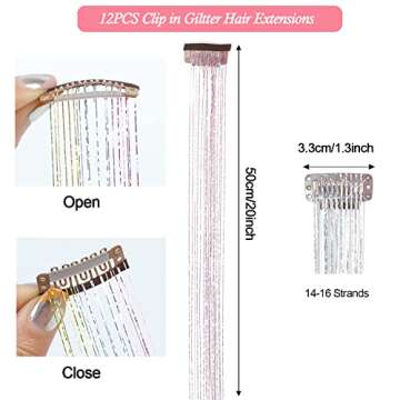 Eliongpu 12Pcs Clip in Hair Tinsel Kit, 20 Inch Heat Resistant Glitter Fairy Hair Tinsel Clip in Ext...