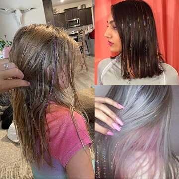 Eliongpu 12Pcs Clip in Hair Tinsel Kit, 20 Inch Heat Resistant Glitter Fairy Hair Tinsel Clip in Extensions, Sparkle Strands Festival Gift Party Dazzle Hair Accessories for Women Girls Kids (Silver)