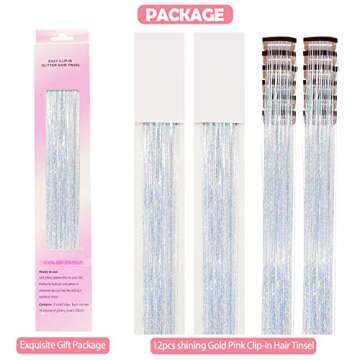 Eliongpu 12Pcs Clip in Hair Tinsel Kit, 20 Inch Heat Resistant Glitter Fairy Hair Tinsel Clip in Extensions, Sparkle Strands Festival Gift Party Dazzle Hair Accessories for Women Girls Kids (Silver)