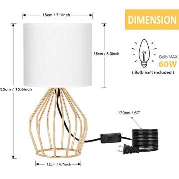 HAITRAL Gold Table Lamp - Modern Style Desk Lamp with Hollowed Out Base Linen Fabric Shade, Small Golden Bedside Lamp for Bedrooms, Living Room