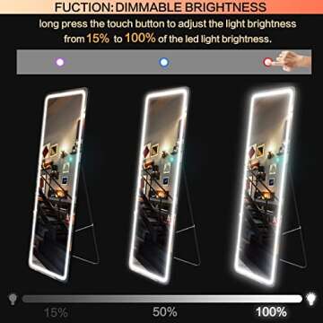 LVZORY Full Length Mirror with Lights,63"x20" Floor Mirror Dimming & 3 Color Lighting,Free Standing Mirror,LED Full Size Mirror,Wall Mounted Lighted Mirror Touch Control