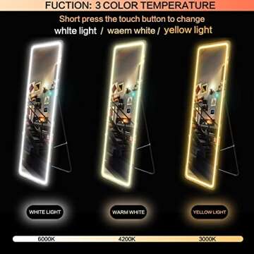 LVZORY Full Length Mirror with Lights,63"x20" Floor Mirror Dimming & 3 Color Lighting,Free Standing Mirror,LED Full Size Mirror,Wall Mounted Lighted Mirror Touch Control