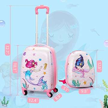 VLIVE Kid Luggage w/Wheels for Girls, Toddler Rolling 16in Suitcase w/12in Backpack, Girl Travel Carry-on(Mermaid)