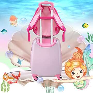 VLIVE Kid Luggage w/Wheels for Girls, Toddler Rolling 16in Suitcase w/12in Backpack, Girl Travel Carry-on(Mermaid)