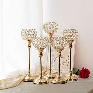Gold Crystal Candle Holder,Tea Light Candlestick Holders for Wedding Table Decoration,Centerpiece for Party Home Decor(Gold,5Pcs)