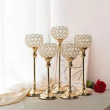 Gold Crystal Candle Holder,Tea Light Candlestick Holders for Wedding Table Decoration,Centerpiece for Party Home Decor(Gold,5Pcs)