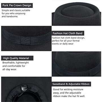 Classic Fedora Hat for Men Women Adjustable Wide Brim
