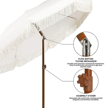 AMMSUN 7ft Patio Umbrella UPF50+ with Fringe & Tilt