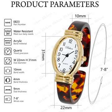 Blekon Collections Women's Round, Oval, Rectangle Case Shapes Acrylic Tortoise Shell Color Design Cuff Bangle Watch ((Gold/Oval))