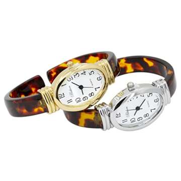 Blekon Collections Women's Round, Oval, Rectangle Case Shapes Acrylic Tortoise Shell Color Design Cuff Bangle Watch ((Gold/Oval))
