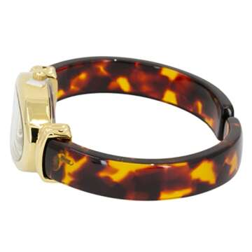 Blekon Collections Women's Round, Oval, Rectangle Case Shapes Acrylic Tortoise Shell Color Design Cuff Bangle Watch ((Gold/Oval))