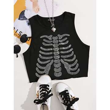 SHENHE Women's Graphic Sleeveless Cropped Tank Top Skeleton Print Rhinestone Crop Tops Black S