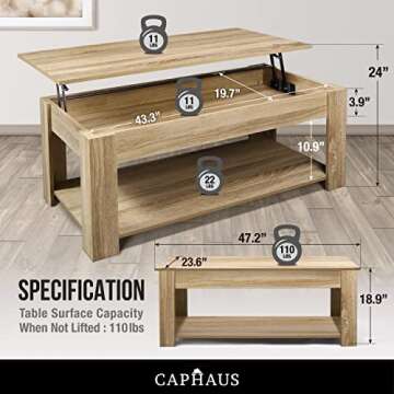 CAPHAUS 47' Natural Oak Lift Top Coffee Table with Storage, 110 lbs Capacity, 11 lbs Lifted
