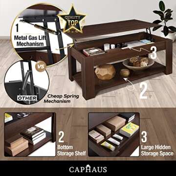 CAPHAUS 47' Natural Oak Lift Top Coffee Table with Storage, 110 lbs Capacity, 11 lbs Lifted