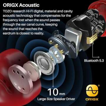 TOZO T12 (Large Ergonomic Edition) Wireless Earbuds Bluetooth 5.3 Headphones Premium Sound Performance Touch Control LED Digital Display Wireless Charging Case Earphones