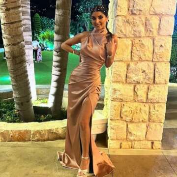 Satin Bridesmaid Dresses Long Slit Dusty Rose Ruched Wrap Mermaid Backless Formal Dresses for Women Size 8