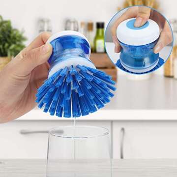 Dish Brush with Soap Dispenser for Dishes Pot Pan Kitchen Sink Scrubbing, Blue 2pcs