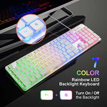 LANGTU Membrane Gaming Keyboard, Rainbow LED Backlit Quiet Keyboard for Office, USB Wired All-Metal ...