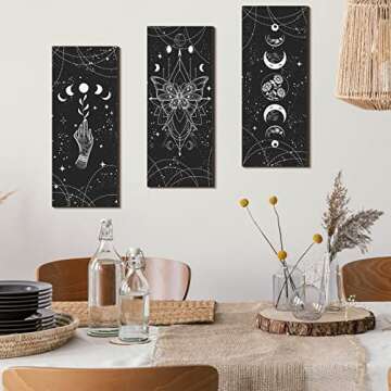 3 Pcs Rustic Boho Wall Decor Moon Phases Wall Art Stars and Moon Gothic Wall Decor Minimalist Bohemian Room Decor Witchy Decor Wooden Moon Phase Wall Hanging Farmhouse Wall Sign for Home (Dark Color)