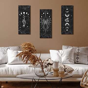 3 Pcs Rustic Boho Wall Decor Moon Phases Wall Art Stars and Moon Gothic Wall Decor Minimalist Bohemian Room Decor Witchy Decor Wooden Moon Phase Wall Hanging Farmhouse Wall Sign for Home (Dark Color)