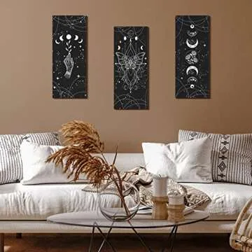 3 Pcs Rustic Boho Wall Decor Moon Phases Wall Art Stars and Moon Gothic Wall Decor Minimalist Bohemian Room Decor Witchy Decor Wooden Moon Phase Wall Hanging Farmhouse Wall Sign for Home (Dark Color)