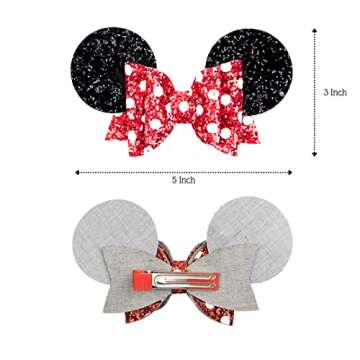 5 Inch Mouse Hair Bows | Mouse Ears Hair Clips | Sequin Glitter Polka Dot Barrettes | Cute Hair Accessories for Theme Park Costume Party Halloween Christmas Decoration for Toddlers & Girls (4pcs)