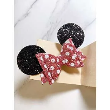 5 Inch Mouse Hair Bows | Mouse Ears Hair Clips | Sequin Glitter Polka Dot Barrettes | Cute Hair Accessories for Theme Park Costume Party Halloween Christmas Decoration for Toddlers & Girls (4pcs)