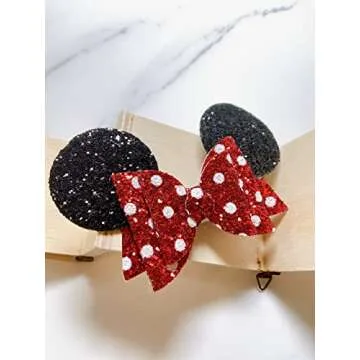 5 Inch Mouse Hair Bows | Mouse Ears Hair Clips | Sequin Glitter Polka Dot Barrettes | Cute Hair Accessories for Theme Park Costume Party Halloween Christmas Decoration for Toddlers & Girls (4pcs)
