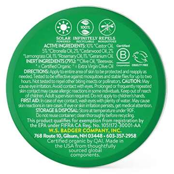 Badger Bug Repellent Tin, Organic Deet-Free Mosquito Repellent with Citronella, Family Friendly Plea...