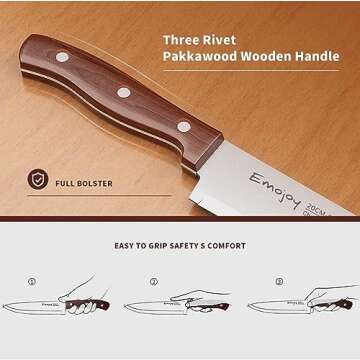 Emojoy Kitchen Knife Set,Knife Set for Kitchen with Block 6 Pcs High Carbon Stainless Steel Wooden Handle Knife Block Set without Steak Knives…