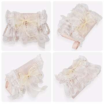 QZUnique Lolita Shoulder Bag Handmade Crossbody Tote Bags with Lace Bow Fashion Casual Handbags for Women Girl Stylish Purse with Pearl Shoulder Straps