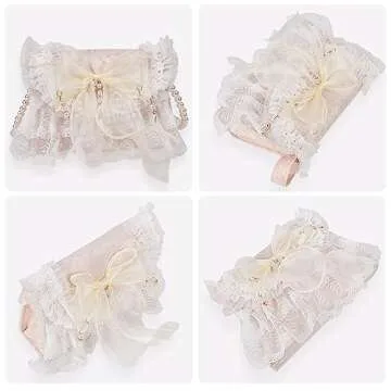 QZUnique Lolita Shoulder Bag Handmade Crossbody Tote Bags with Lace Bow Fashion Casual Handbags for Women Girl Stylish Purse with Pearl Shoulder Straps