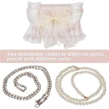 QZUnique Lolita Shoulder Bag Handmade Crossbody Tote Bags with Lace Bow Fashion Casual Handbags for Women Girl Stylish Purse with Pearl Shoulder Straps