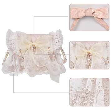 QZUnique Lolita Shoulder Bag Handmade Crossbody Tote Bags with Lace Bow Fashion Casual Handbags for Women Girl Stylish Purse with Pearl Shoulder Straps