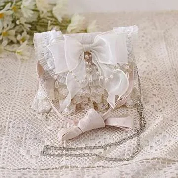 QZUnique Lolita Shoulder Bag Handmade Crossbody Tote Bags with Lace Bow Fashion Casual Handbags for Women Girl Stylish Purse with Pearl Shoulder Straps