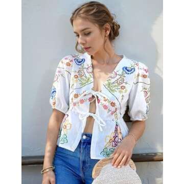 Yimoon Women's Y2K Bow Tie Front Babydoll Blouse Puff Short Sleeve Peplum Ruffle Hem Summer Going Out Tops (Red-L), Large