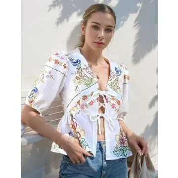 Yimoon Women's Y2K Bow Tie Front Babydoll Blouse Puff Short Sleeve Peplum Ruffle Hem Summer Going Out Tops (Red-L), Large