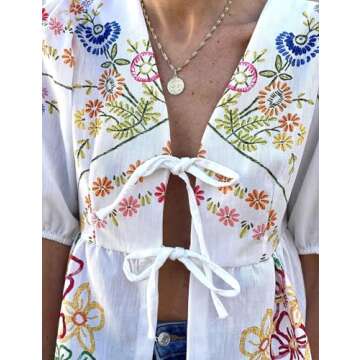 Yimoon Women's Y2K Bow Tie Front Babydoll Blouse Puff Short Sleeve Peplum Ruffle Hem Summer Going Out Tops (Red-L), Large