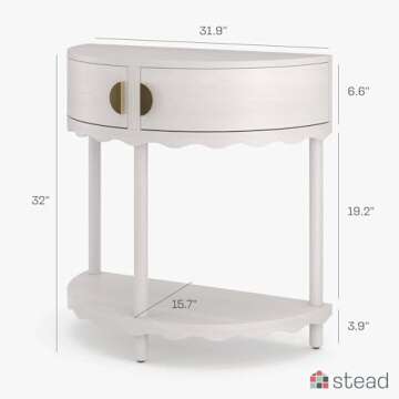 Stead Scalloped Skirt Half Moon Table, Half Round Console Table, Small Entryway Desk with Storage fo...