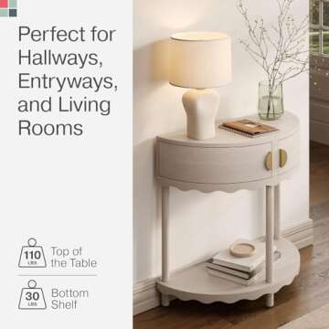 Stead Scalloped Skirt Half Moon Table, Half Round Console Table, Small Entryway Desk with Storage for Narrow Spaces, Modern Home Decor, Living Room Furniture, Solid Wood with Two Doors