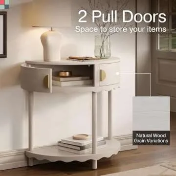 Stead Scalloped Skirt Half Moon Table, Half Round Console Table, Small Entryway Desk with Storage for Narrow Spaces, Modern Home Decor, Living Room Furniture, Solid Wood with Two Doors