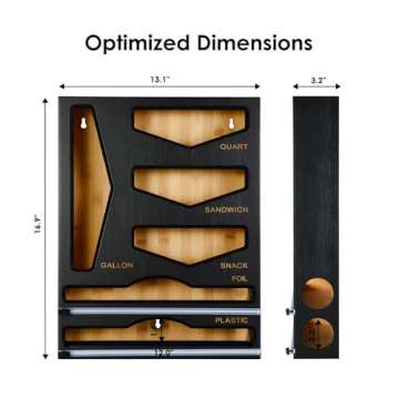 Cozee Bay Bamboo Food Bag Organizer with Foil and Plastic Wrap Organizer, Kitchen Drawer Organizer, Wrap Dispenser with Cutter, for Gallon, Quart, Sandwich, Snack Bags and 12" Roll (Black)