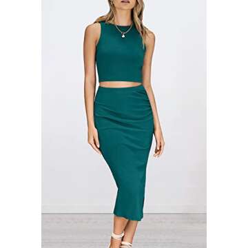 PRETTYGARDEN Women's 2 Piece Summer Outfits Crewneck Tank Tops Split Bodycon Midi Skirt Set (Dark Gr...