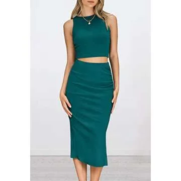 PRETTYGARDEN Women's 2 Piece Summer Outfits Crewneck Tank Tops Split Bodycon Midi Skirt Set (Dark Green,X-Large)