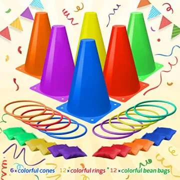 Eocolz 3 in 1 Carnival Games Set, Soft Plastic Cones Bean Bags Ring Toss Games for Kids Birthday Party Outdoor Games Supplies Combo Set