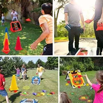 Eocolz 3 in 1 Carnival Games Set, Soft Plastic Cones Bean Bags Ring Toss Games for Kids Birthday Party Outdoor Games Supplies Combo Set
