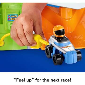 Fisher-Price Little People Hot Wheels Toddler Toy Race and Go Track Set with Lights Sounds & 2 Cars for Pretend Play Kids Ages 18+ Months​