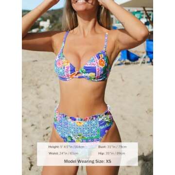 CUPSHE Women Swimsuit Bikini Set High Waisted Push Up Cheeky Drawstring Two Piece Bathing Suit,S