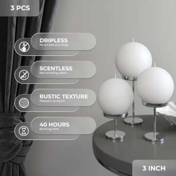 CANDWAX Set of 3 Round Candles Ball 3 inch - Snowball Candles Perfect as Wedding Decorations and as Spherical Candles for Home Decor - Unscented Candles Long Burning - White Candles