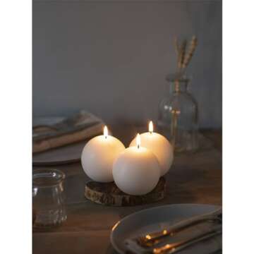 CANDWAX Set of 3 Round Candles Ball 3 inch - Snowball Candles Perfect as Wedding Decorations and as Spherical Candles for Home Decor - Unscented Candles Long Burning - White Candles